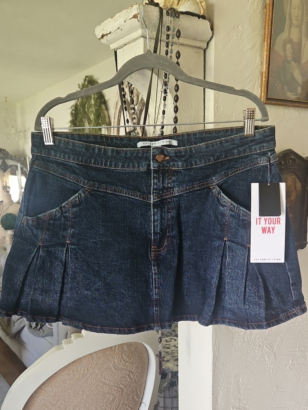 NWT Celebrity Pink Dark Blue Denim Pleated Mini Skirt